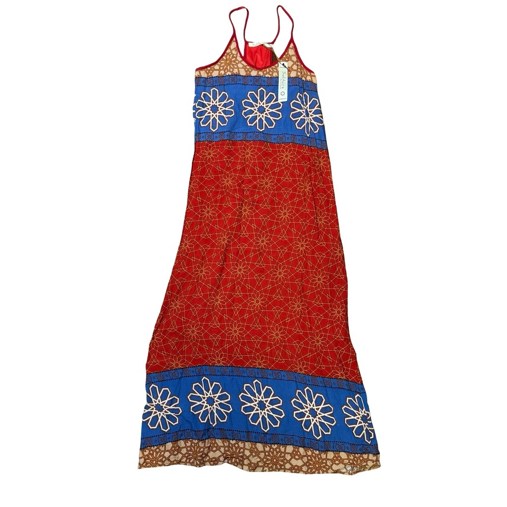 Solitaire Red and Blue Maxi Dress with Floral Accents